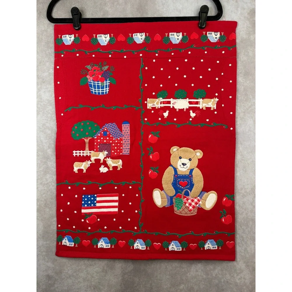 VTG 90s Red Farmhouse Blue Jean Teddy‎ Bear Americana Handmade Puff Pillowcase